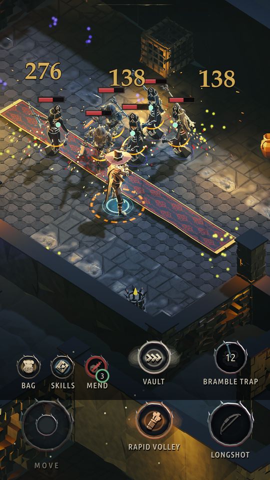 The Hunter firing into a pack of enemies, damage numbers flying